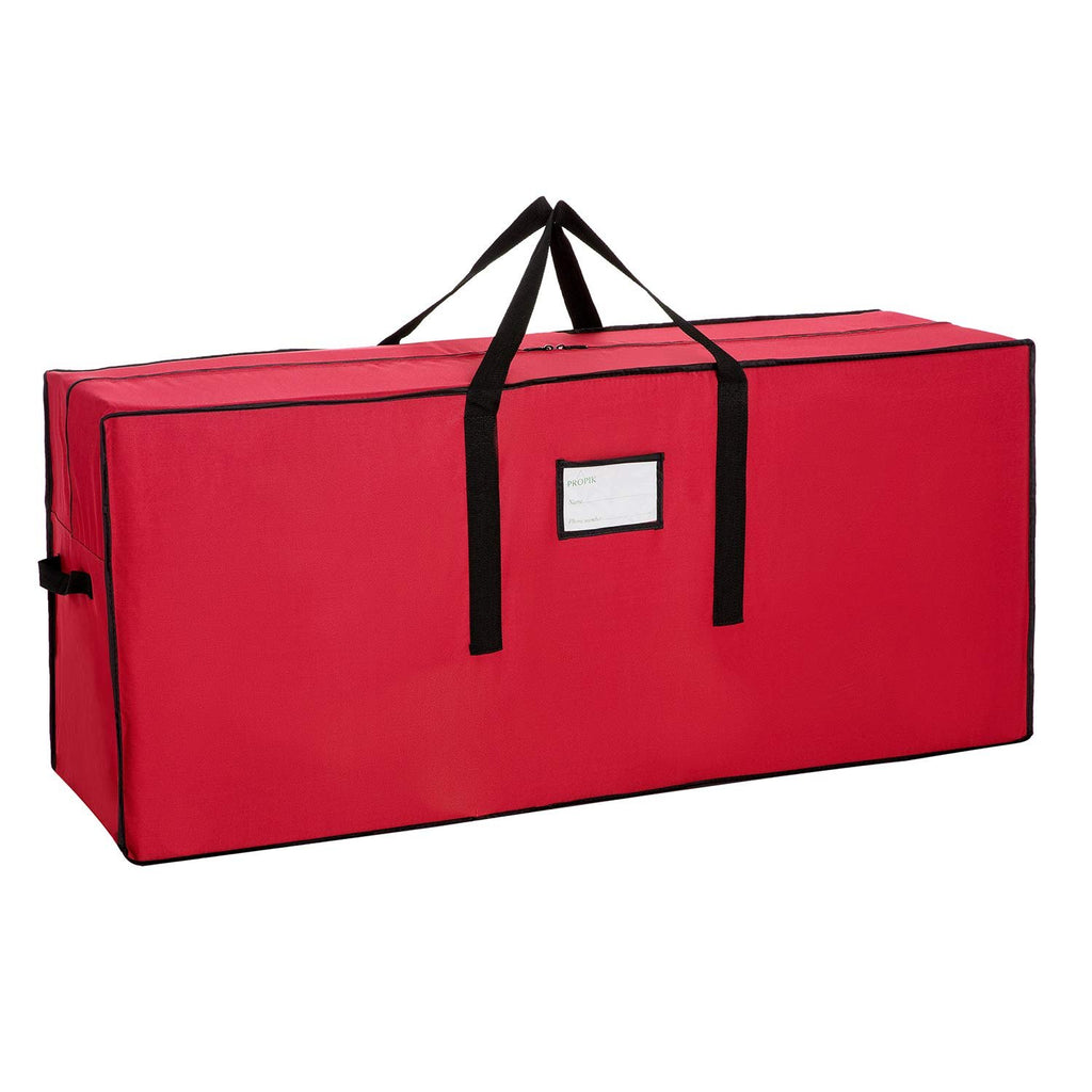 Red artificial Christmas tree storage bag with black handles and a label area, shown from the front.