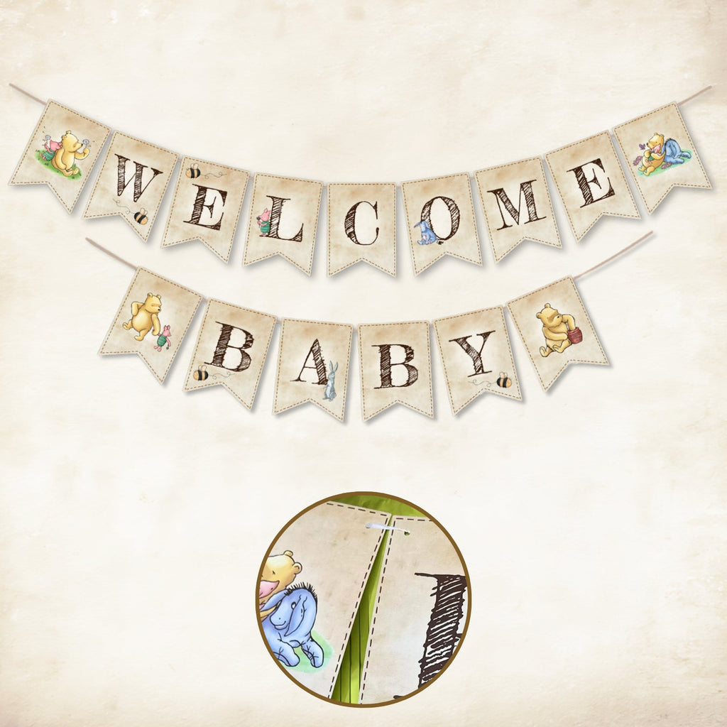 Welcome Baby banner with Winnie the Pooh characters and bees, close-up detail of banner stitching.