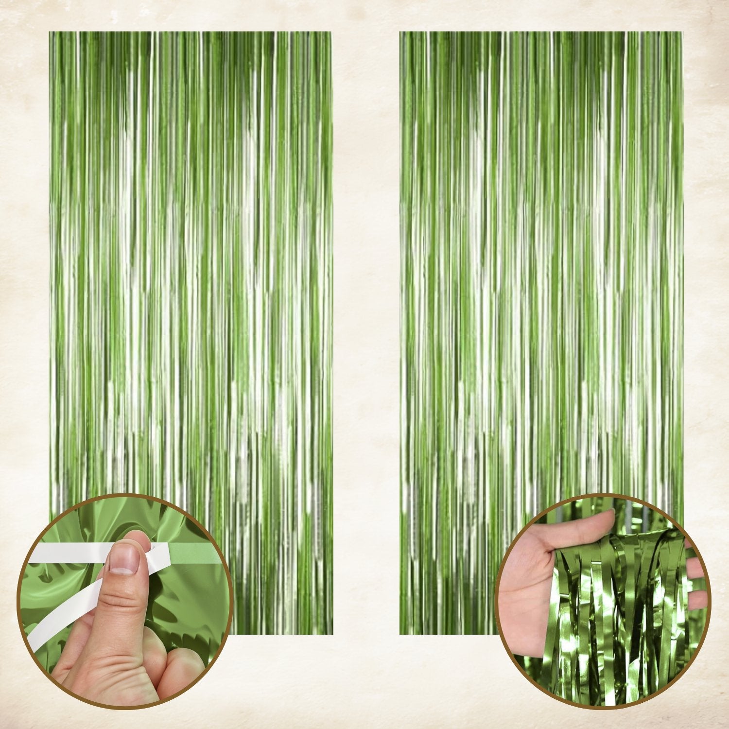 Two green metallic fringe curtains shown side-by-side with close-up insets demonstrating attachment and texture.