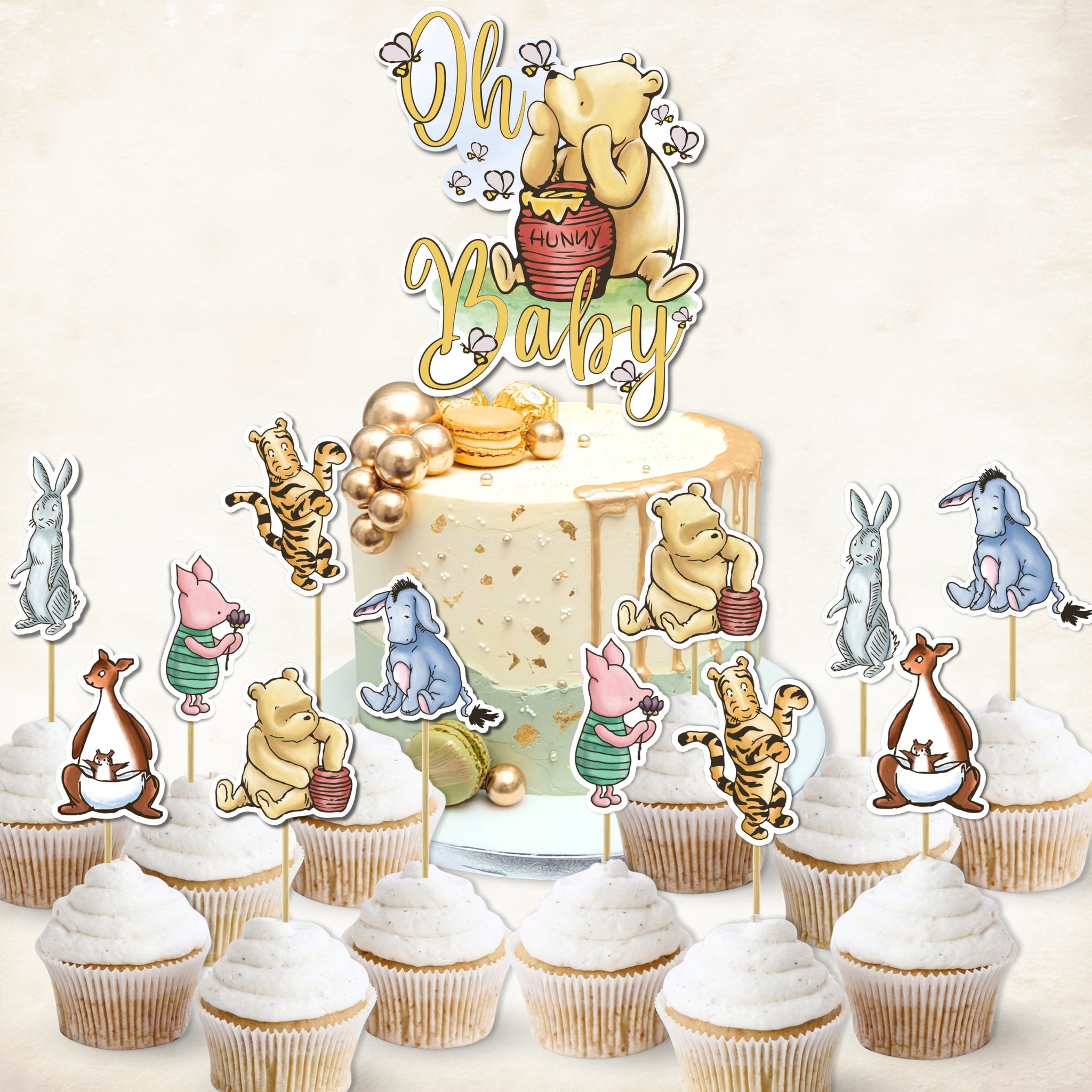 Winnie the Pooh themed baby shower cake toppers and cupcakes with characters like Pooh, Piglet, Tigger, Eeyore, and Kanga.