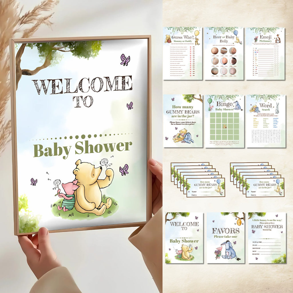 Collection of Winnie the Pooh themed baby shower game printables including welcome sign, bingo, word search, and guess the gummy bears.