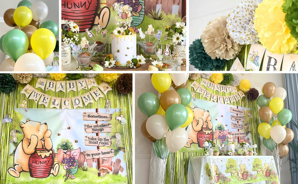 Collage of Winnie the Pooh themed baby shower decorations including balloons, cake toppers, banner, and backdrop.