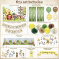 Winnie the Pooh baby shower party decor kit contents laid out, including backdrop, balloons, banner, tablecloth, pom-poms, cutouts, cake toppers, rosette, and sash.