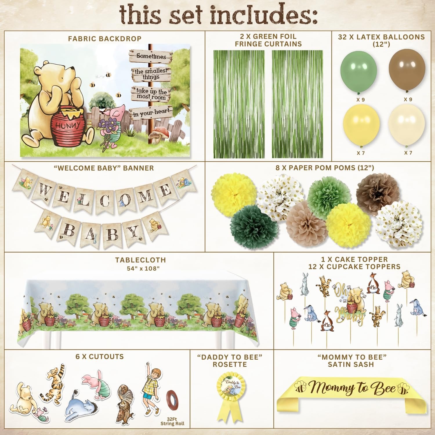 Winnie the Pooh baby shower party decor kit contents laid out, including backdrop, balloons, banner, tablecloth, pom-poms, cutouts, cake toppers, rosette, and sash.