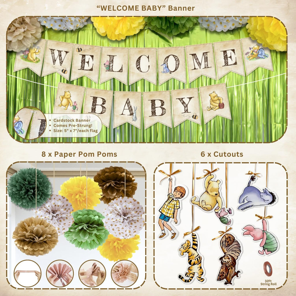 Baby shower party decor kit featuring a "Welcome Baby" banner with Winnie the Pooh characters, colorful pom-poms, and character cutouts.