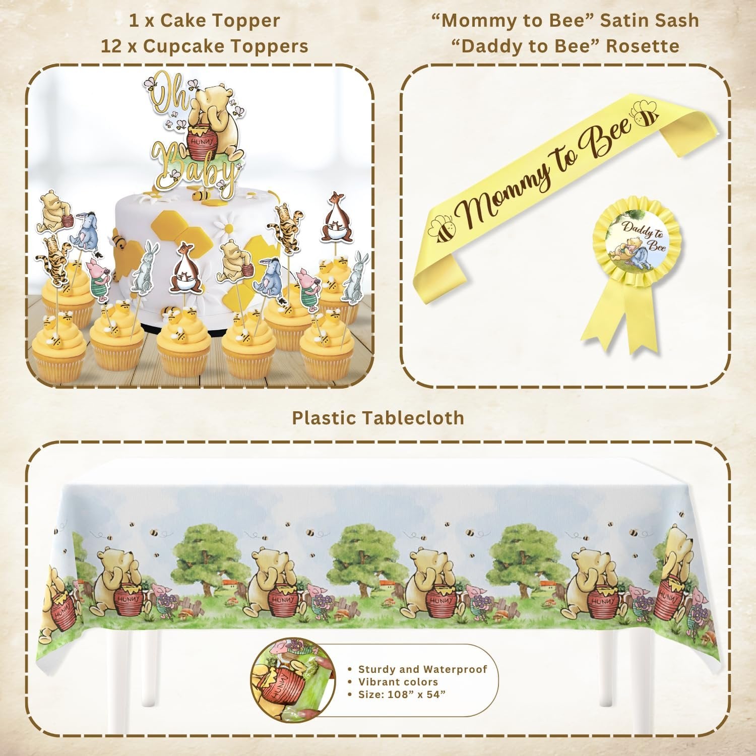 Baby shower party decor kit including cake toppers, cupcakes, sash, rosette, and tablecloth with Winnie the Pooh characters.