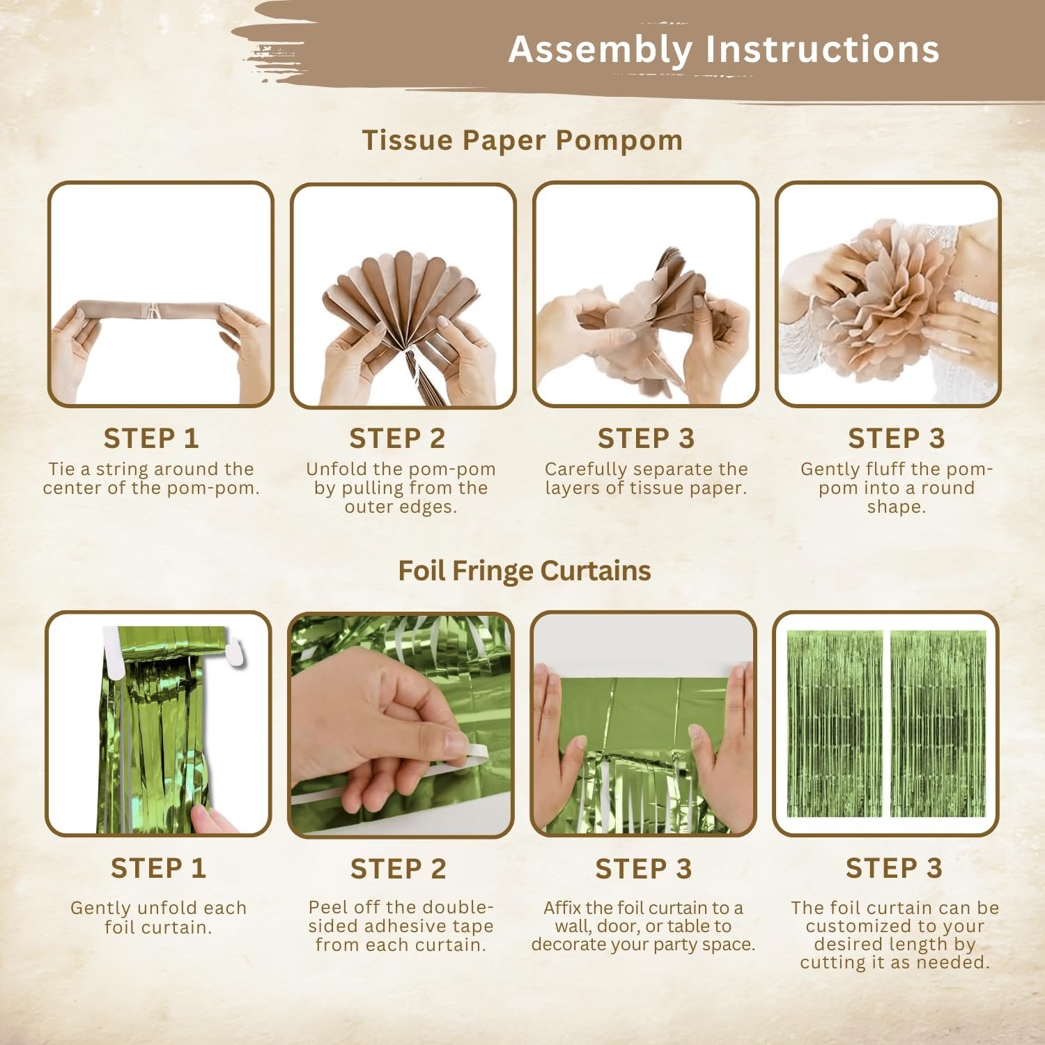 Assembly instructions for tissue paper pom-poms and foil fringe curtains, showing step-by-step guides.