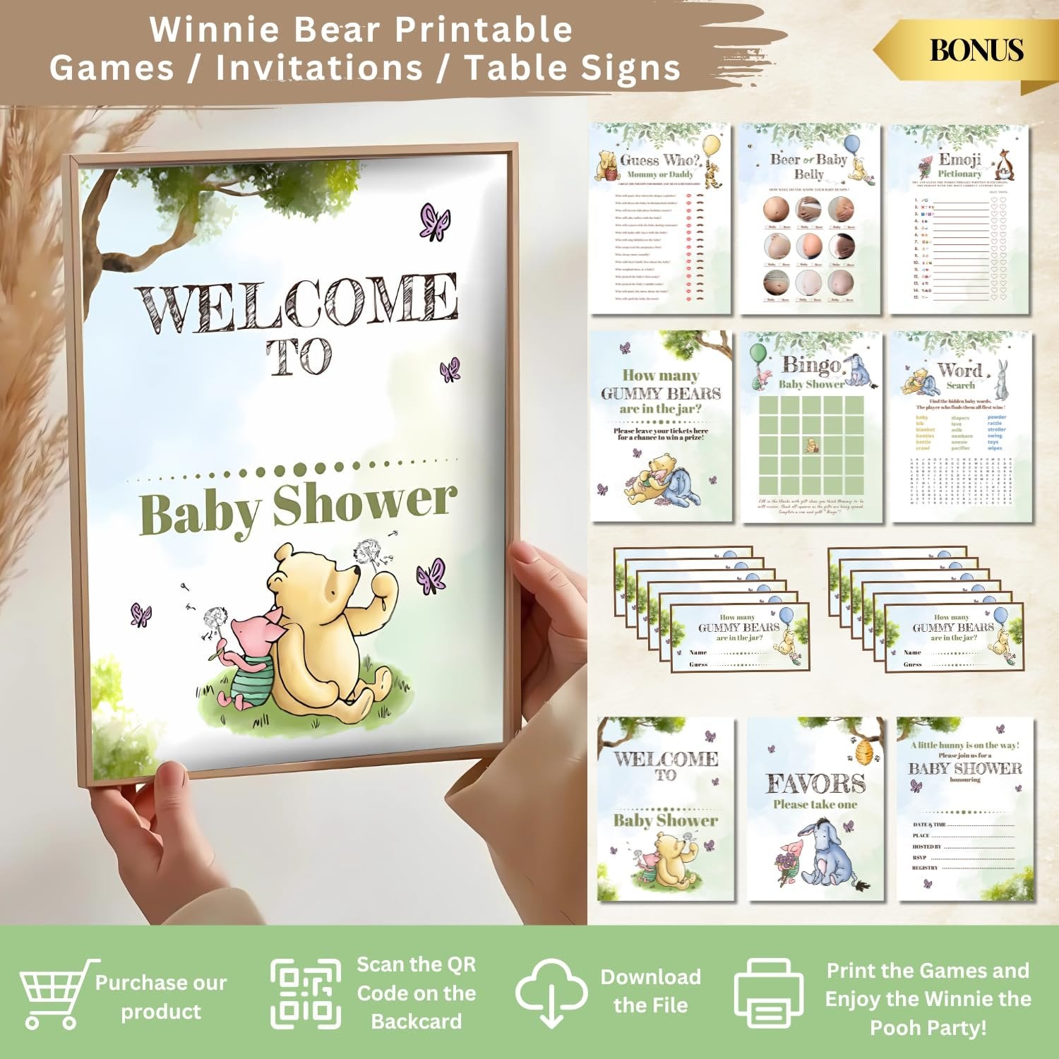 Winnie the Pooh themed baby shower printable games and invitations laid out on a surface.