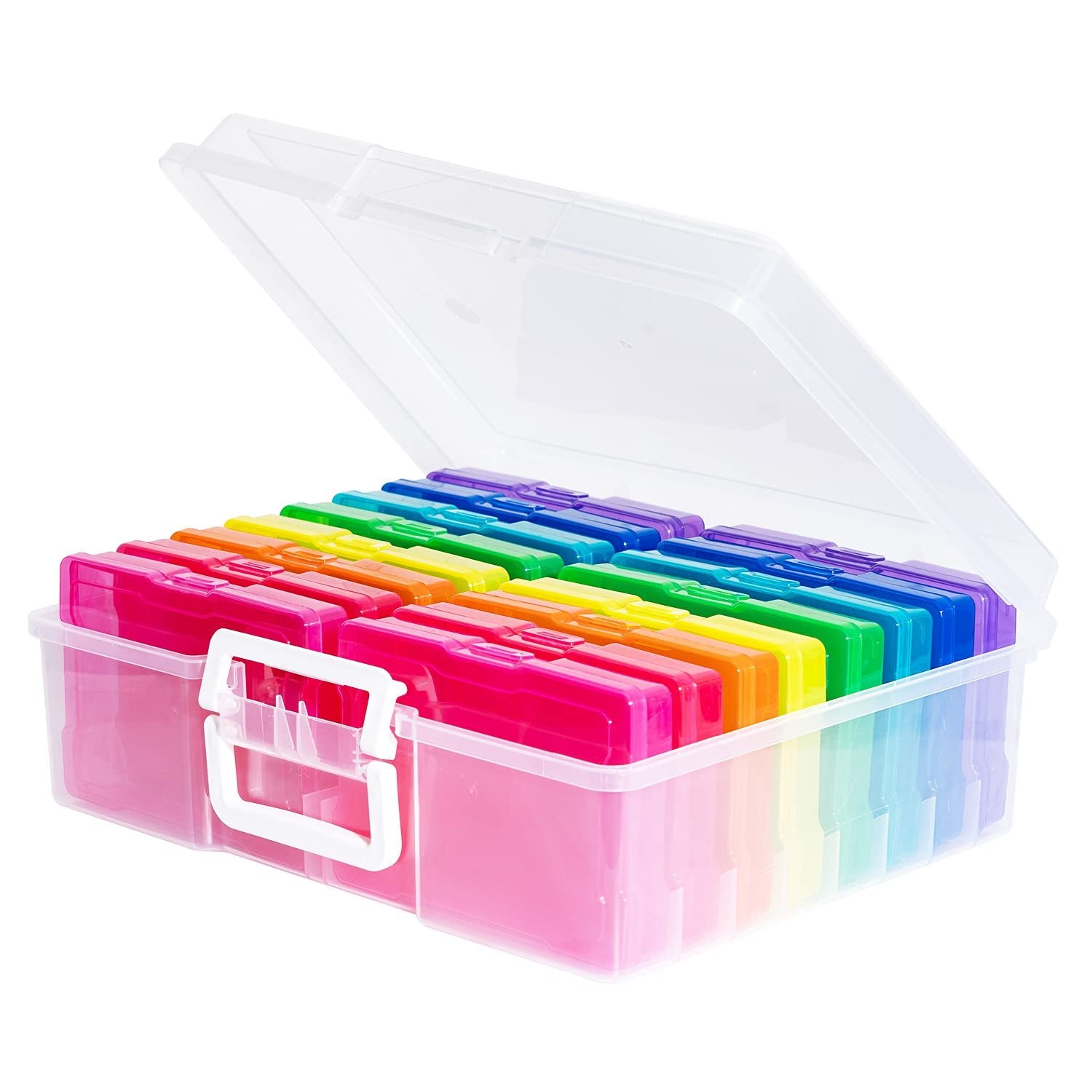 Clear plastic storage box with handle, open lid, filled with 16 colorful 4x6 inch cases arranged in rainbow order.