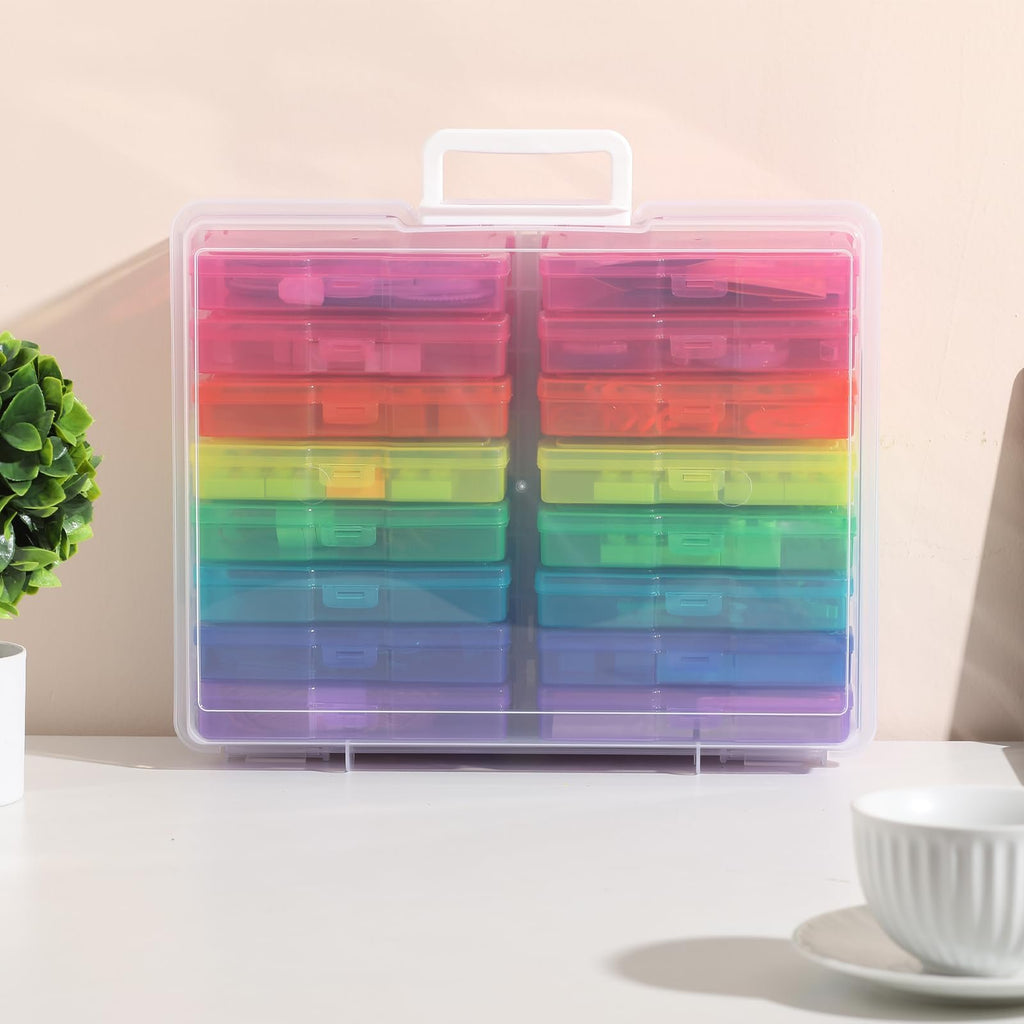 Clear storage box with handle and 16 rainbow-colored cases, each with snap-tight lids.