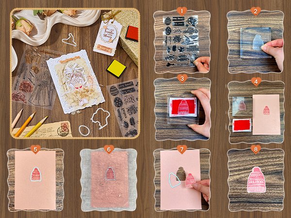 Card making and scrapbooking set with clear stamps, cutting dies, and crafting supplies, shown in a step-by-step tutorial.
