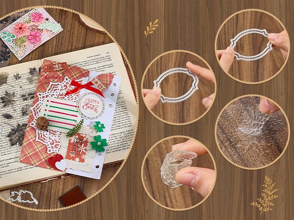 Card making and scrapbooking supplies including metal cutting dies and clear silicone stamps with floral and lace designs.