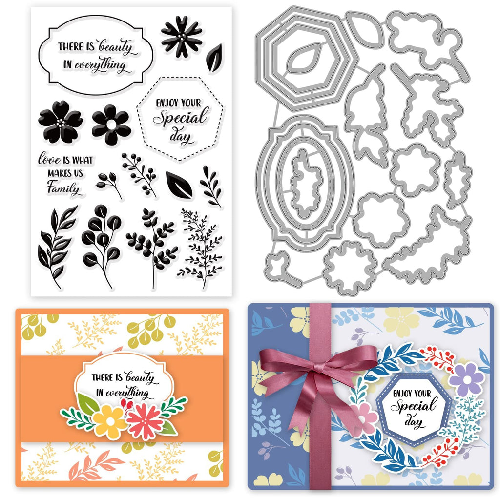 Collage of card making supplies: clear stamps with floral and leaf designs, metal cutting dies, and example cards.