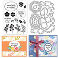 Collage of card making supplies: clear stamps with floral and leaf designs, metal cutting dies, and example cards.