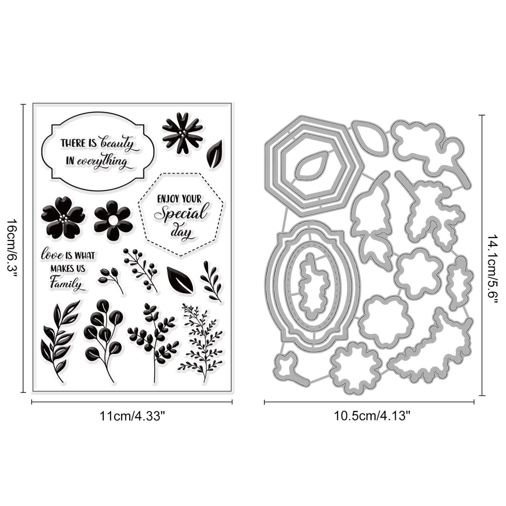 Clear silicone stamps with floral and leaf designs and carbon steel cutting dies set for card making