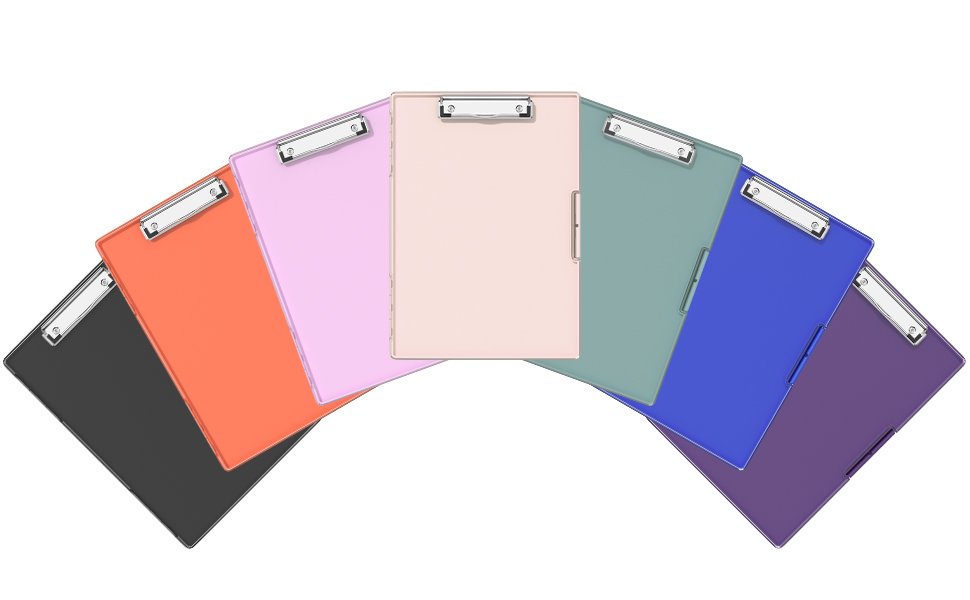 Assortment of seven colored clipboards fanned out on a white background, showing pink, orange, blue, green, purple, and black.