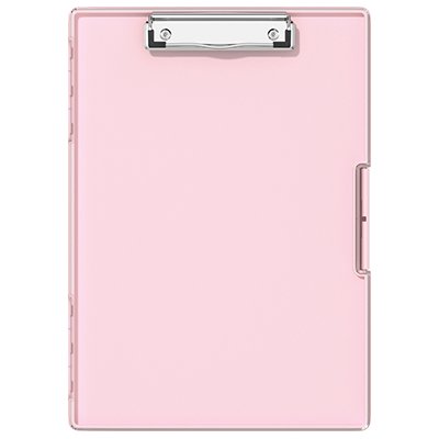 Pink polypropylene clipboard with a low-profile metal clip and dual compartments, shown flat against a white background.