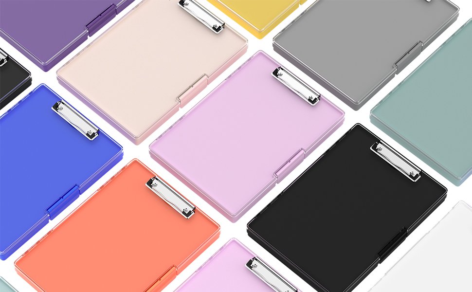 Assortment of colorful clipboards with storage compartments and metal clips, arranged diagonally.