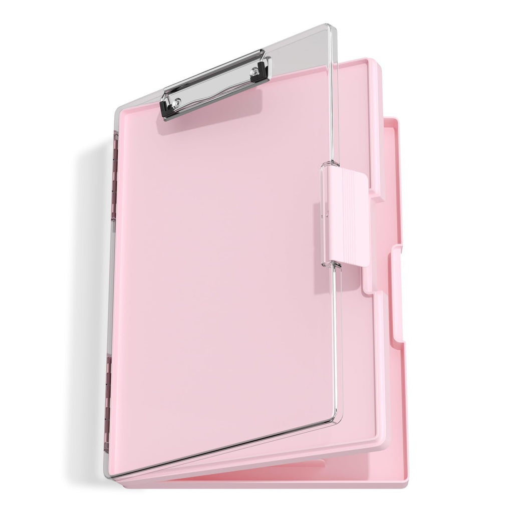 Pink polypropylene clipboard with storage compartment, shown open at an angle on a white background.