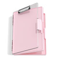 Pink polypropylene clipboard with storage compartment, shown open at an angle on a white background.