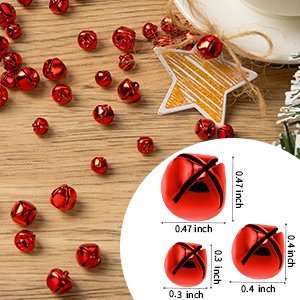 Red Christmas jingle bells scattered on a wooden surface with a close-up inset showing three sizes with dimensions.
