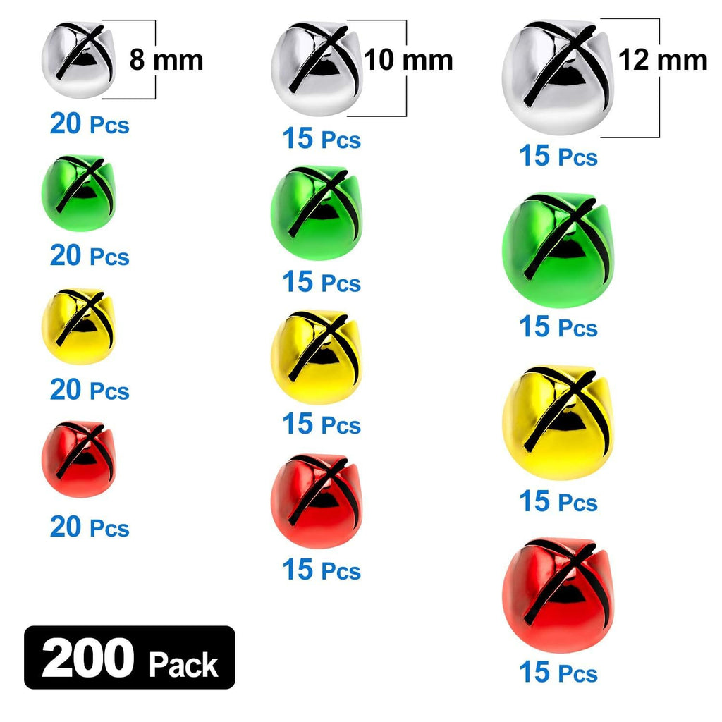 Set of colorful jingle bells in three sizes and four colors, with quantity and size callouts.
