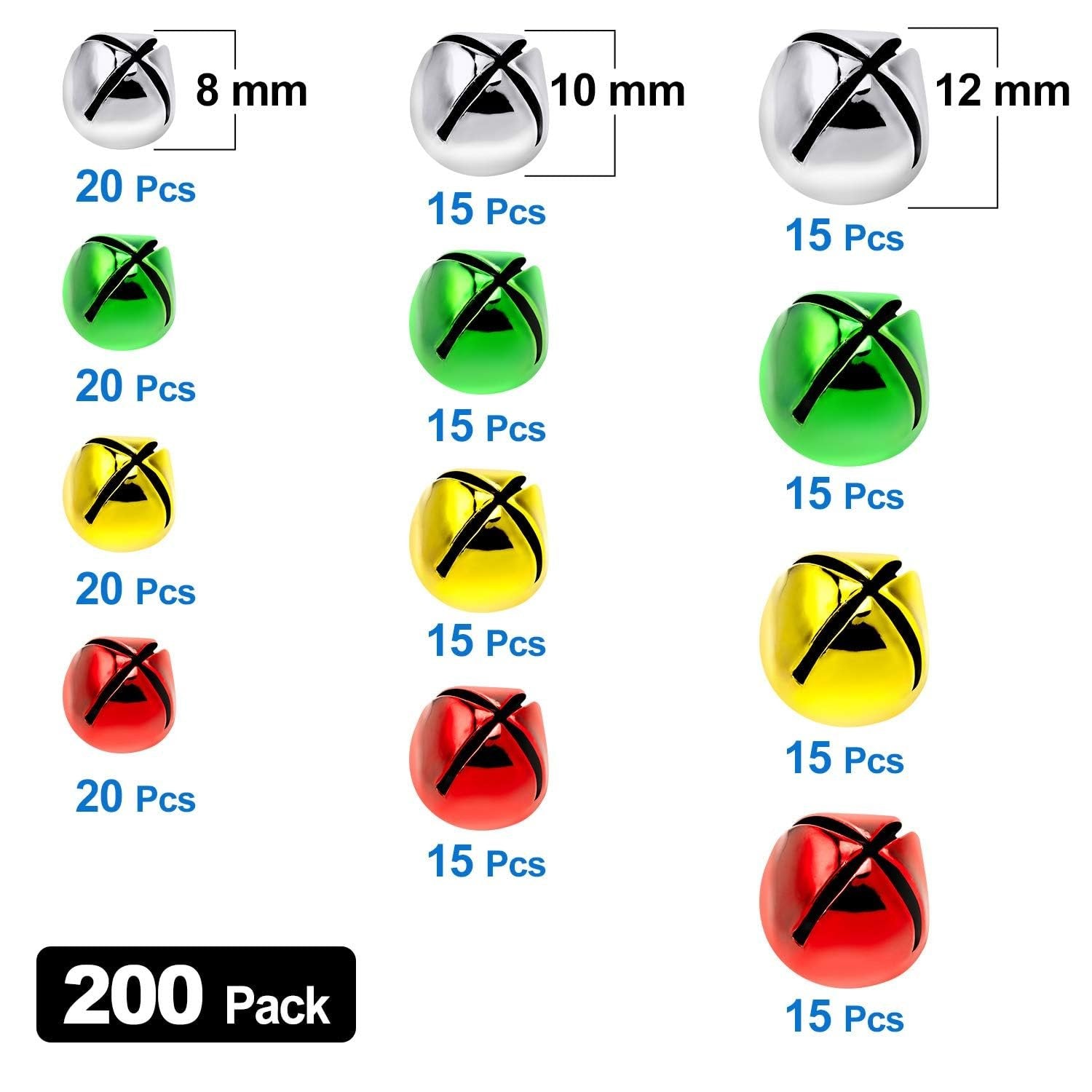 Set of colorful jingle bells in three sizes and four colors, with quantity and size callouts.