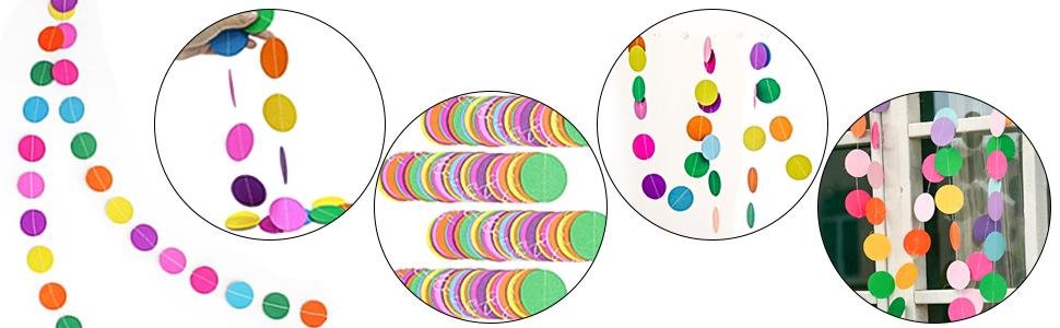 Colorful circle dot paper garlands in various rainbow colors, shown in multiple arrangements and close-ups.
