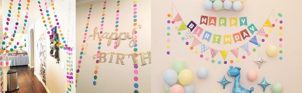 Party decorations including colorful circle dot garlands, 'Happy Birthday' banners, and balloons.