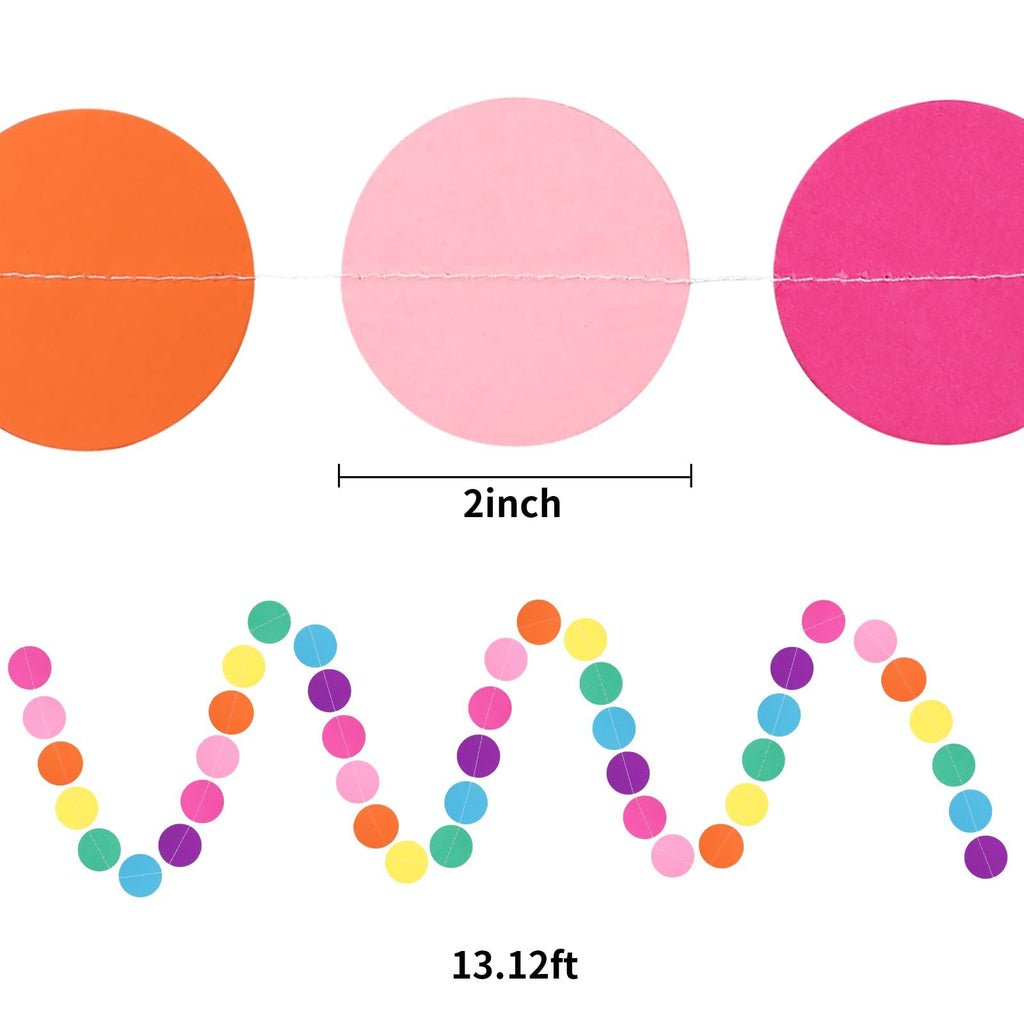 Colorful circle dot paper garland with orange, pink, and magenta circles on top, and a wavy string of multi-colored circles below.