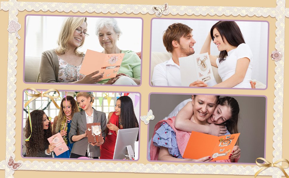 Collage of people enjoying handmade cards and crafts, showing families and friends sharing moments.
