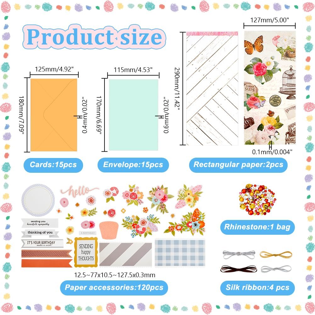 Card making kit contents with dimensions and labels for cards, envelopes, paper, rhinestones, and ribbon.