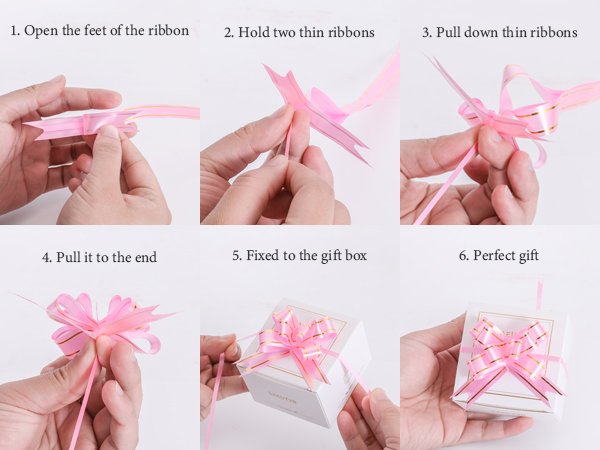 Six-step guide showing how to tie a decorative pull bow with pink ribbon on a gift box.