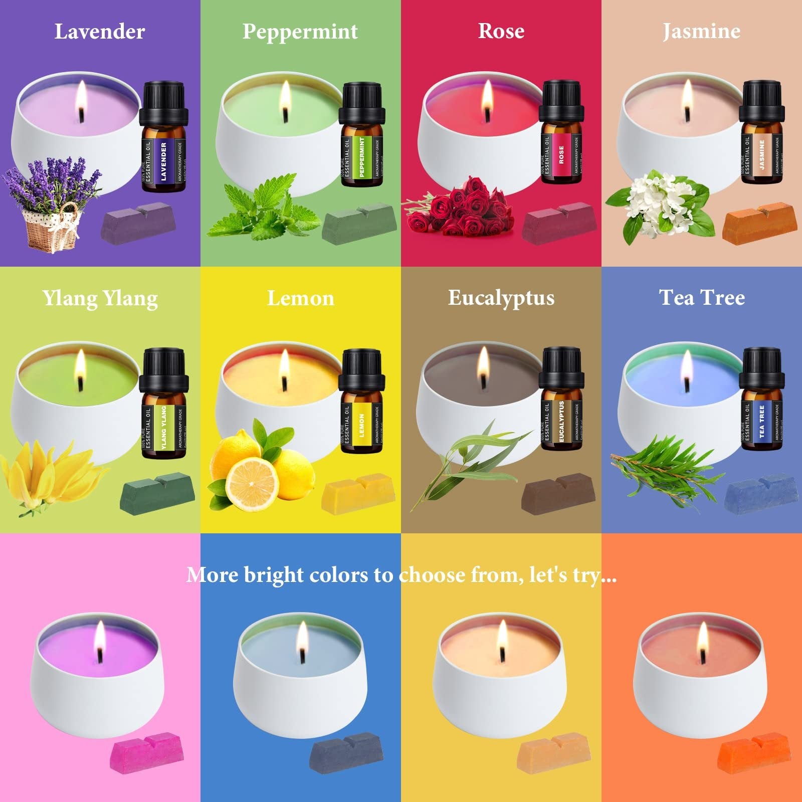 Eight different scented candles with essential oil bottles and wax cubes, arranged in a grid.