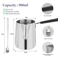 Stainless steel 900ml melting pot with spoon, showing dimensions and features like anti-heat handle and dripless spout.