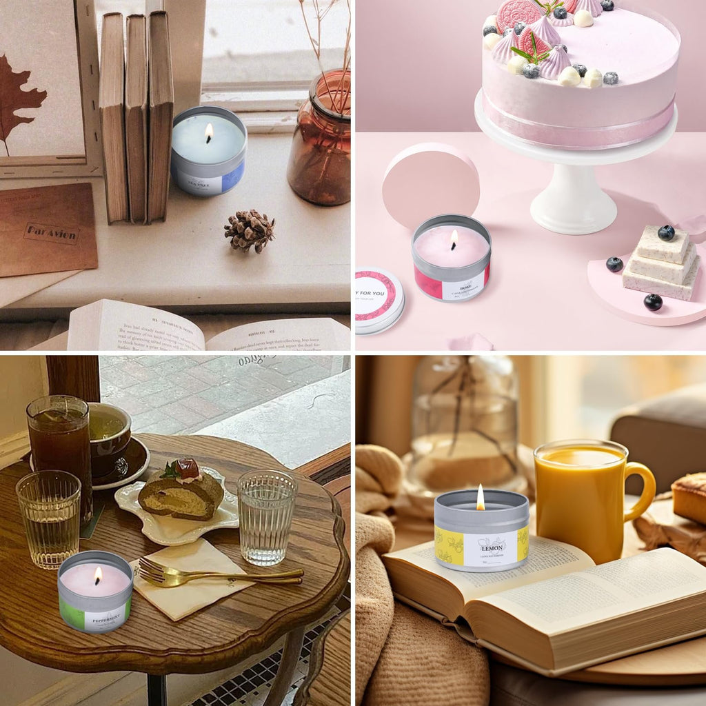 Collage of four lifestyle images featuring scented candles in tins, a cake, and coffee.