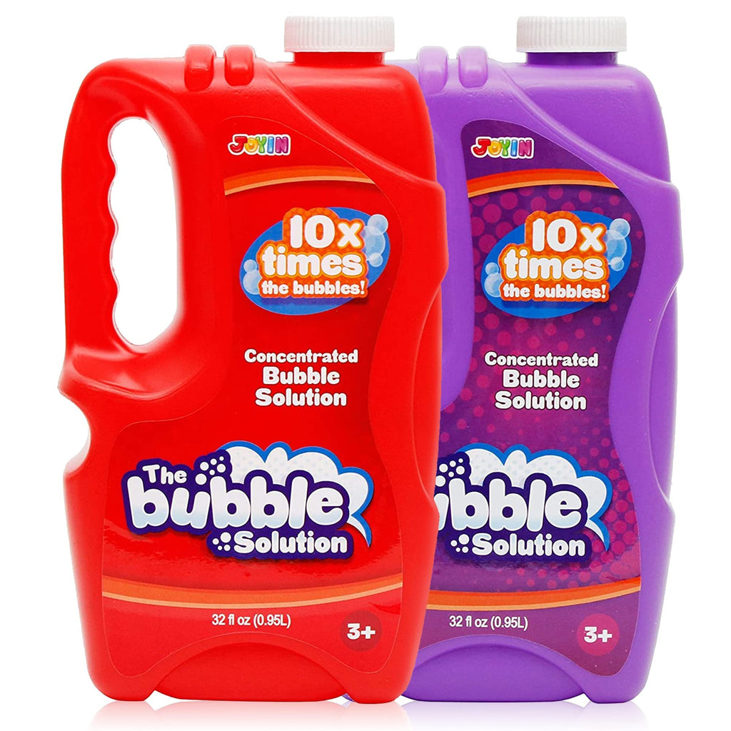 Two bottles of concentrated bubble solution, one red and one purple, with white caps. Both bottles have labels indicating they contain 32 fl oz and are for ages 3+.