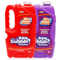 Two bottles of concentrated bubble solution, one red and one purple, with white caps. Both bottles have labels indicating they contain 32 fl oz and are for ages 3+.