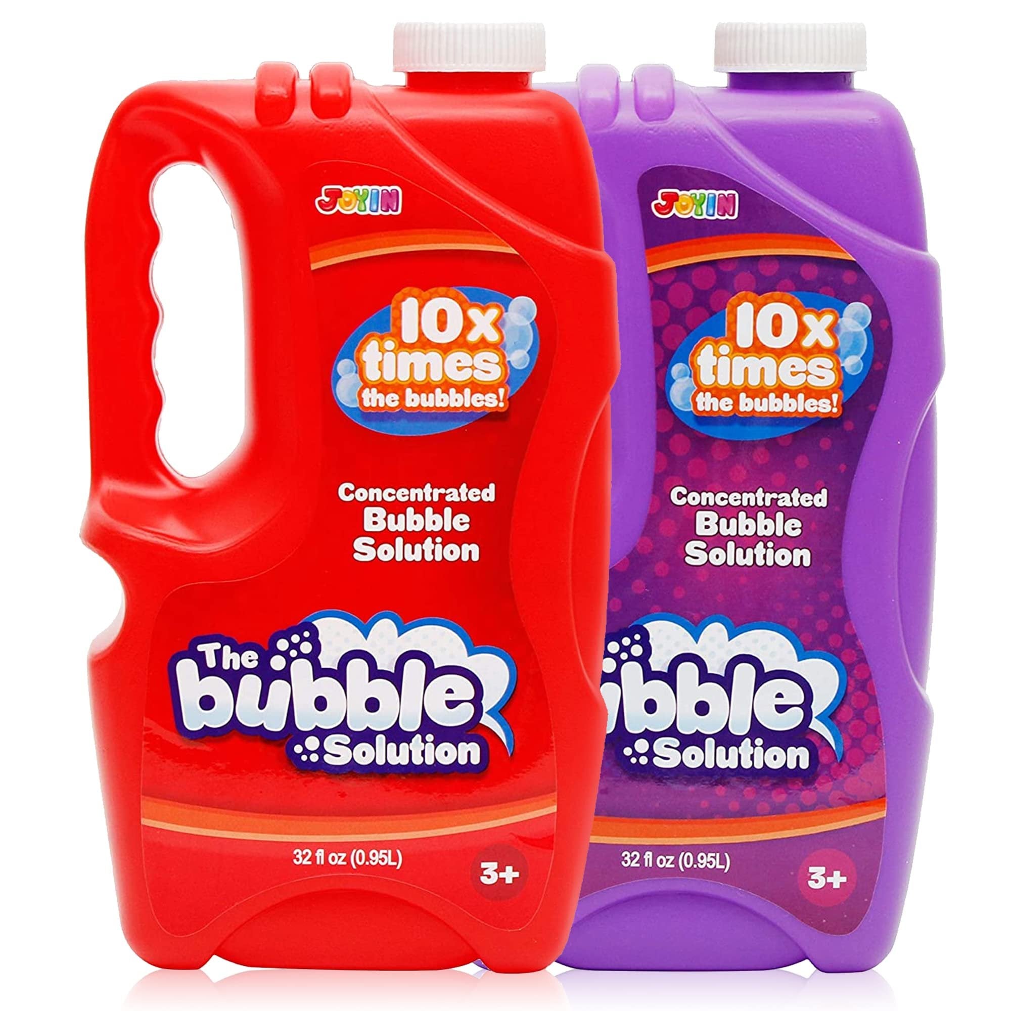 Two bottles of concentrated bubble solution, one red and one purple, with white caps. Both bottles have labels indicating they contain 32 fl oz and are for ages 3+.