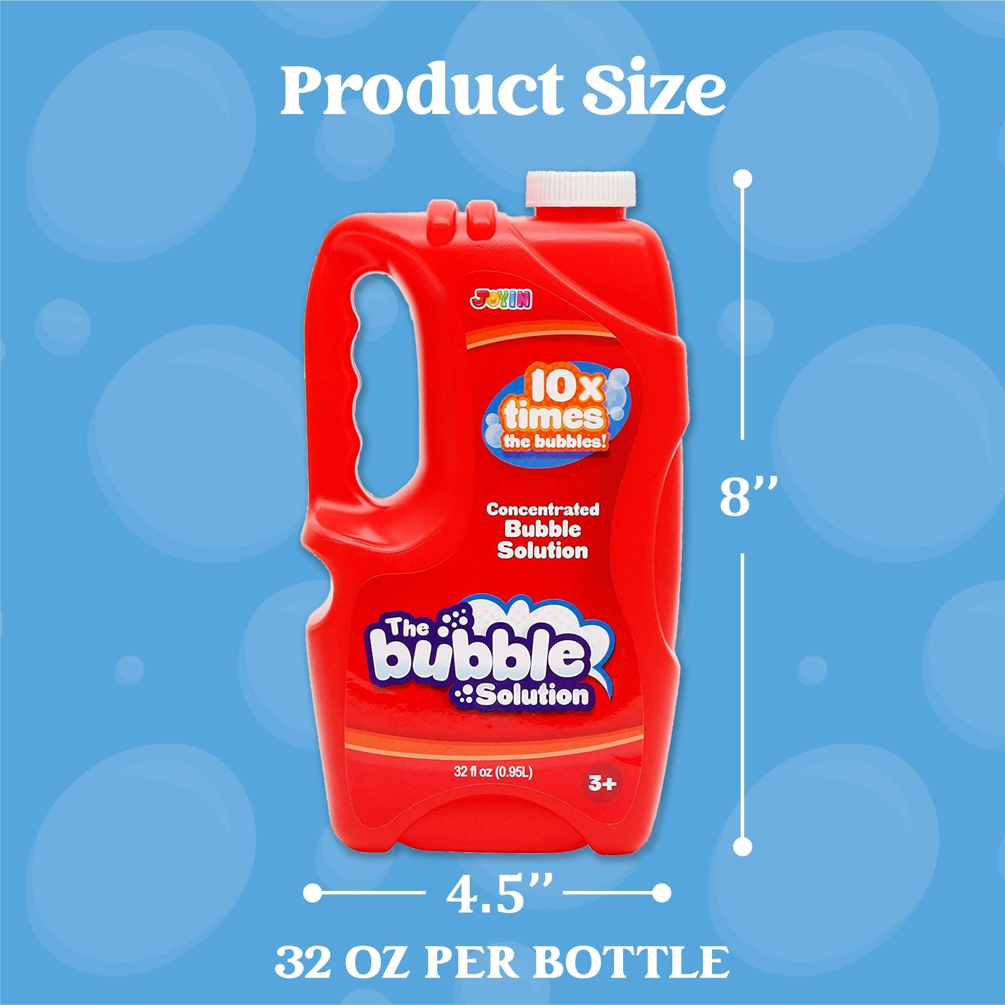 Red bottle of concentrated bubble solution with size dimensions indicated. Product is 8 inches tall and 4.5 inches wide.