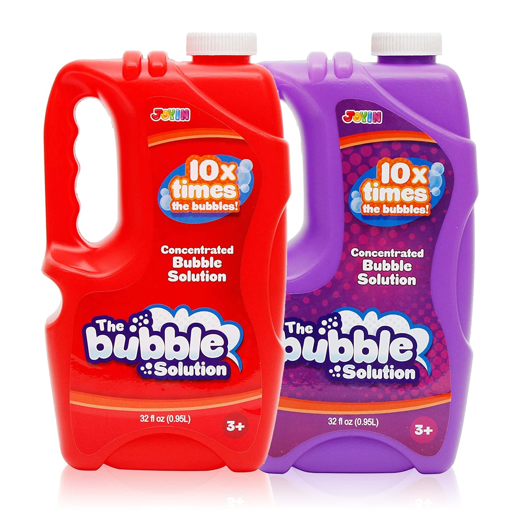 Two bottles of concentrated bubble solution, one red and one purple, with labels indicating 10x times the bubbles and 32 fl oz.