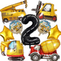 Construction truck balloons including a crane, forklift, excavator, cement mixer, number 2, and stars.