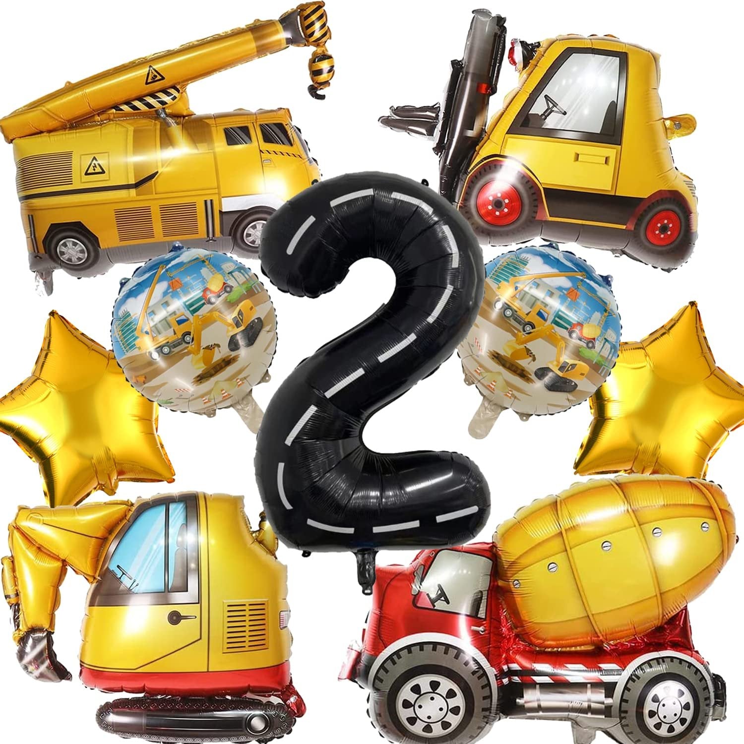 Construction truck balloons including a crane, forklift, excavator, cement mixer, number 2, and stars.