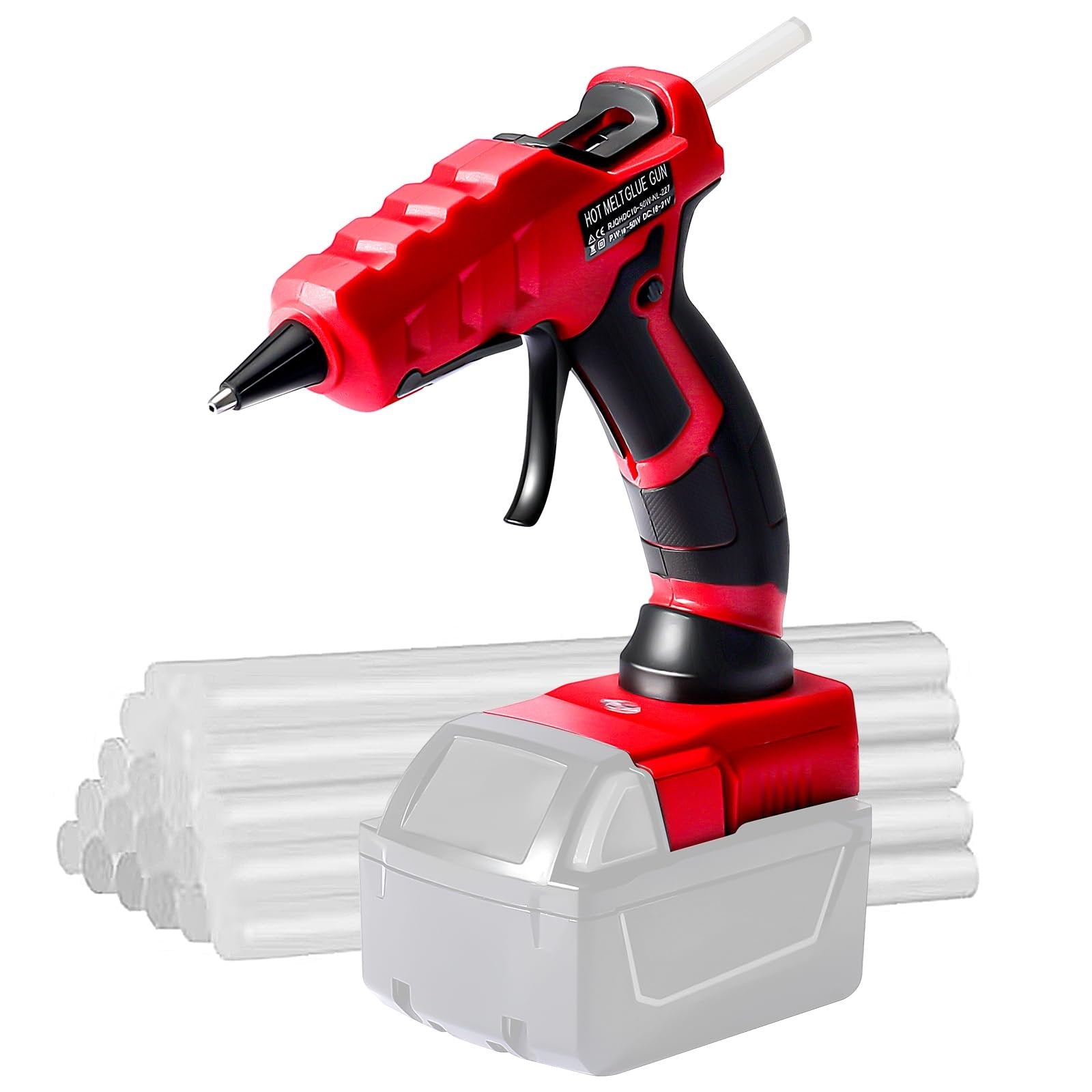 Red cordless hot melt glue gun with a stack of glue sticks behind it, shown from a 3/4 angle.