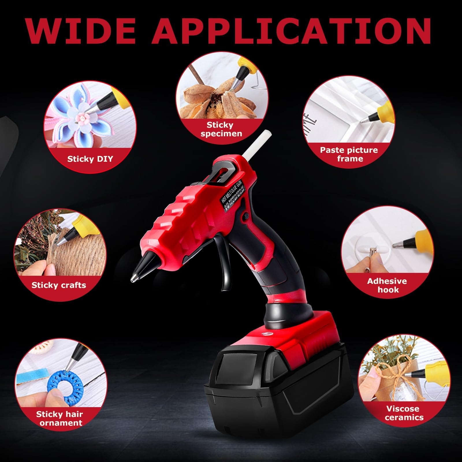 Red and black cordless hot glue gun with multiple circular insets showing various applications like DIY crafts, specimens, picture frames, and ornaments.