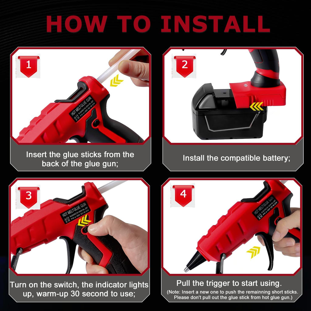 Four-panel graphic showing how to install and use a cordless hot glue gun.