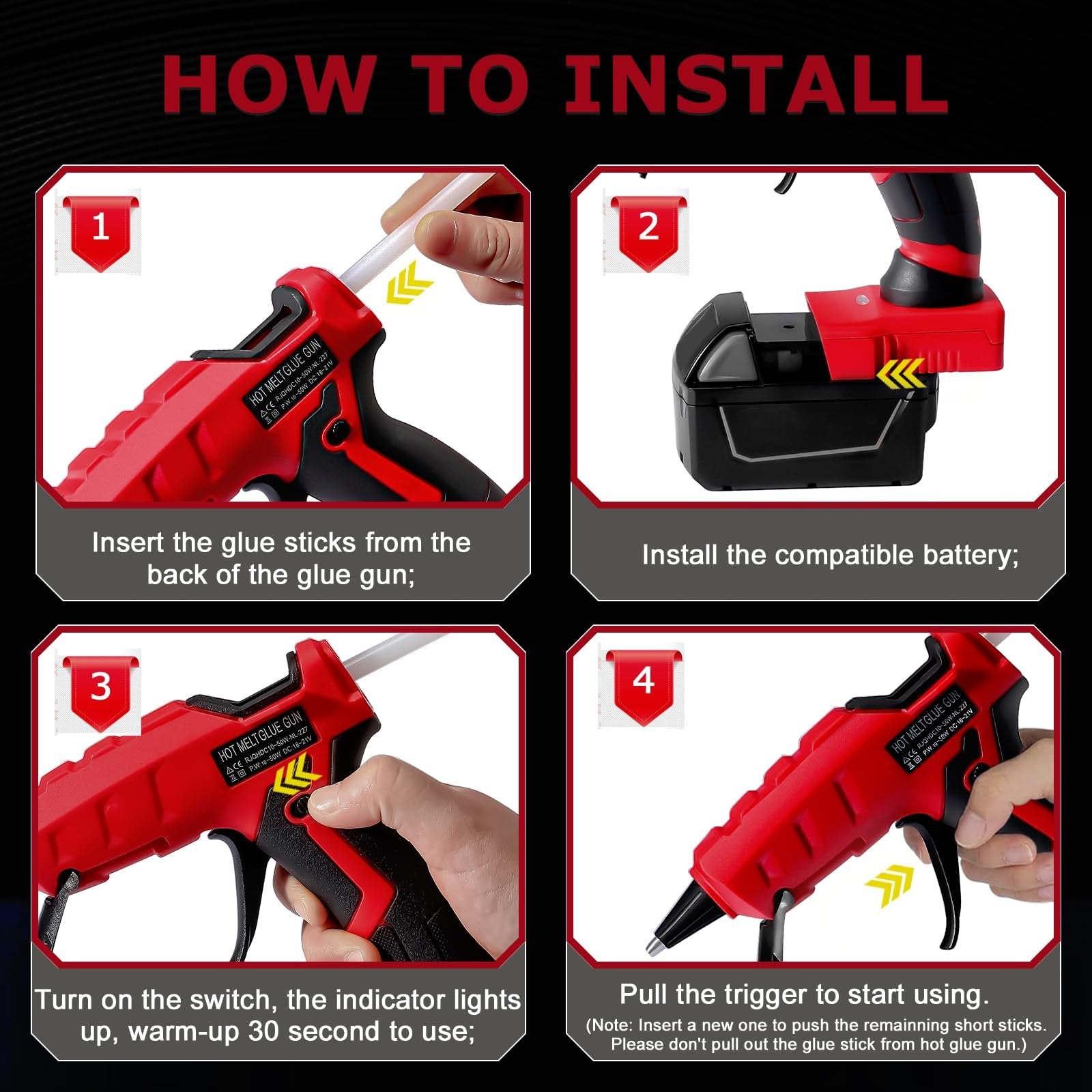 Four-panel graphic showing how to install and use a cordless hot glue gun.