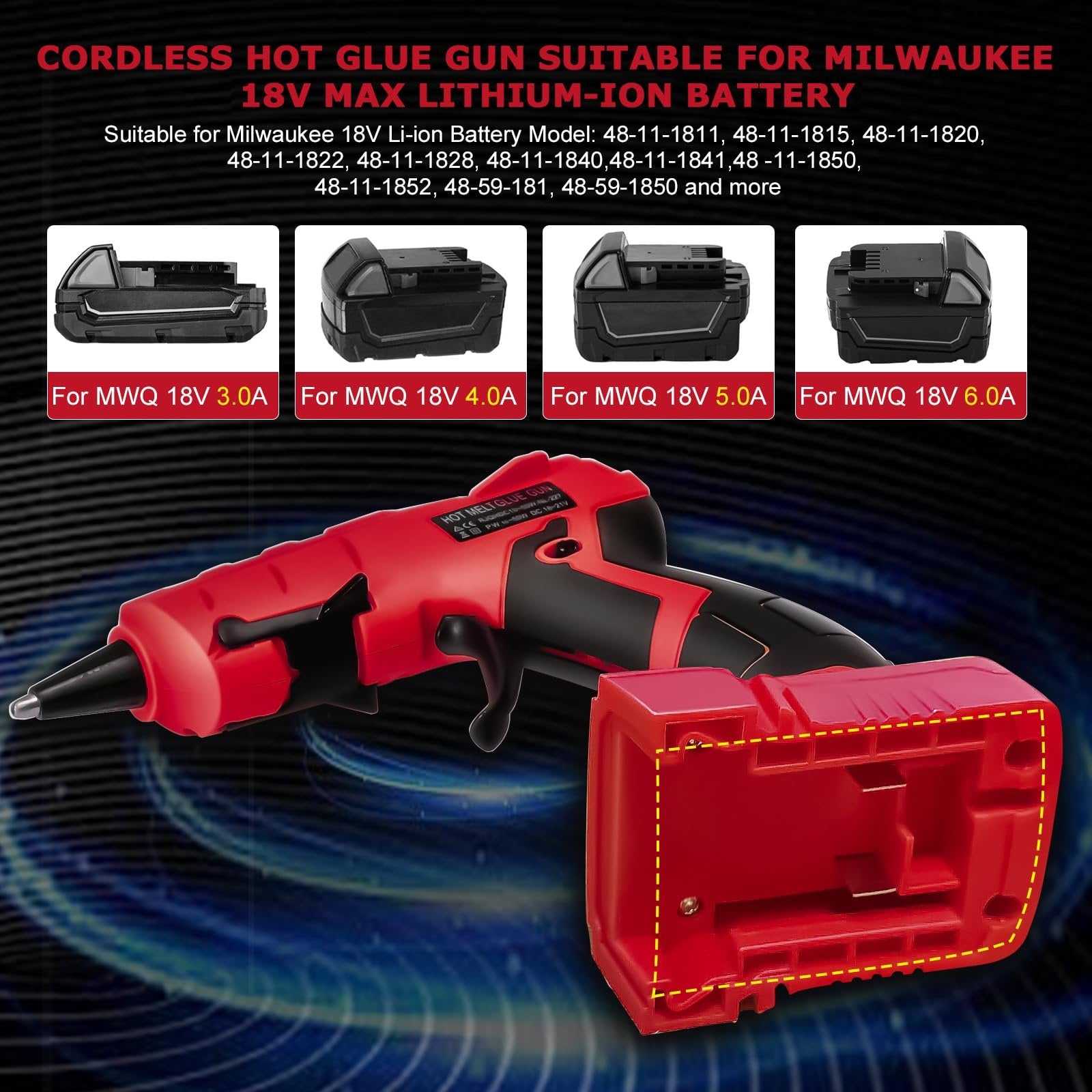 Red and black cordless hot glue gun with a red battery adapter, shown with multiple battery options displayed above.