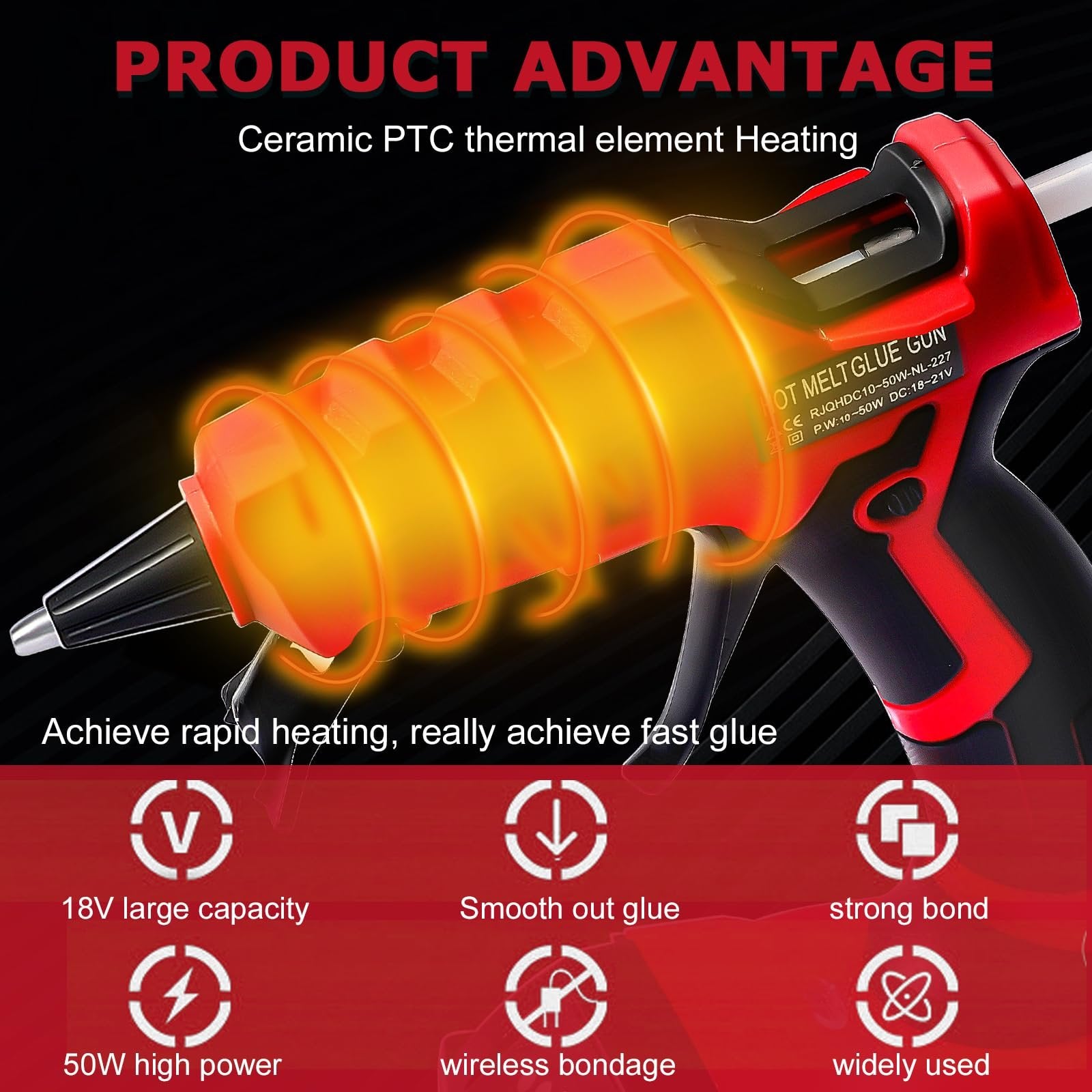Cordless hot melt glue gun with glowing heating element, showing product advantages and features.