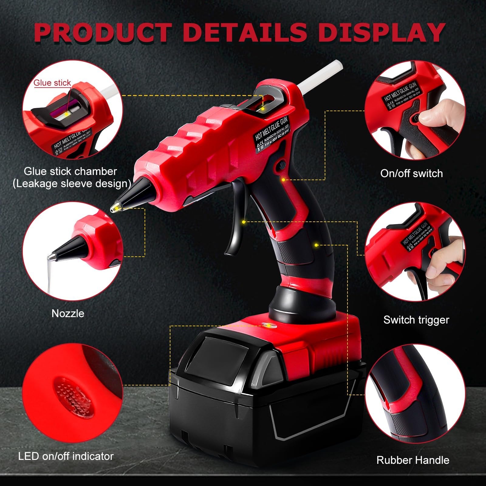 Cordless hot glue gun with battery pack, showing details like nozzle, glue stick chamber, and switches.